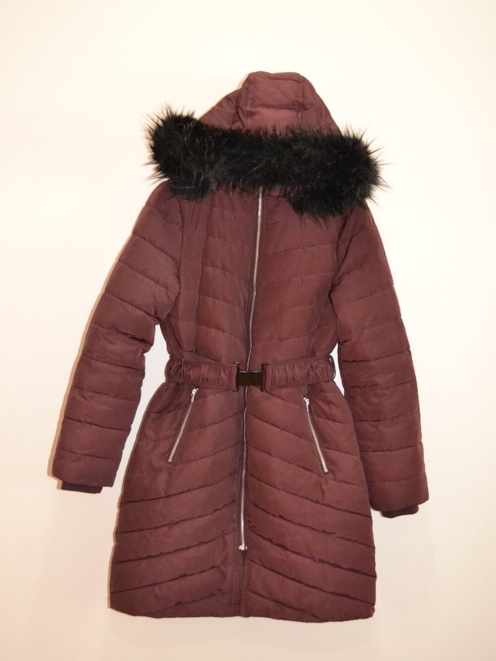 Express Maroon Belted Long Puffer Coat w Detachable Faux Fur Hood sz Small - Picture 12 of 13